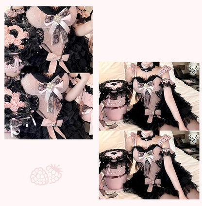 2024 New Spring Summer Ladies Exquisite Lace Skirt Suit Lolita Sweet Womens Black Pink Bow Tube Top Sling Short Cake Skirt Set SS69