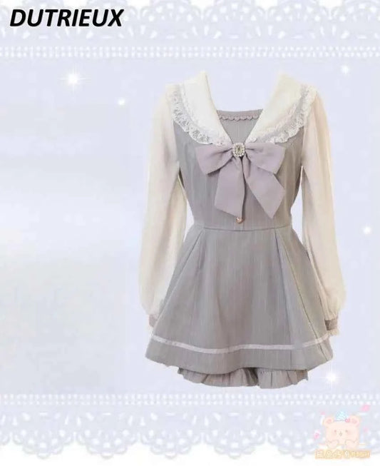Japanese Style Women's Outfits Sailor Collar Plaid Rhinestone Bow Dress Shorts Set Sweet Lolita Mine Series Dress Two-Piece Suit