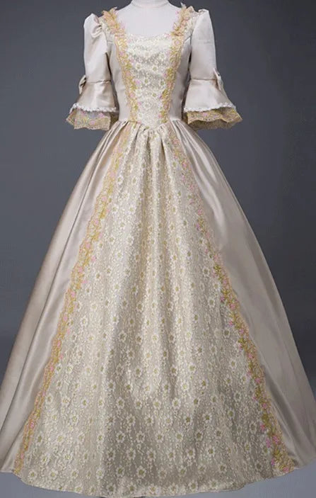 18th Century Medieval Women High Waist Half Sleeve Ball Gowns Princess Lace Patchwork Satin Dress Queen Renaissance Costume SS69 36.69 Champagne / 5XL / cosplay costume