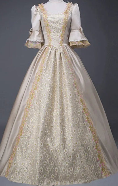 18th Century Medieval Women High Waist Half Sleeve Ball Gowns Princess Lace Patchwork Satin Dress Queen Renaissance Costume SS69 36.69 Champagne / 5XL / cosplay costume