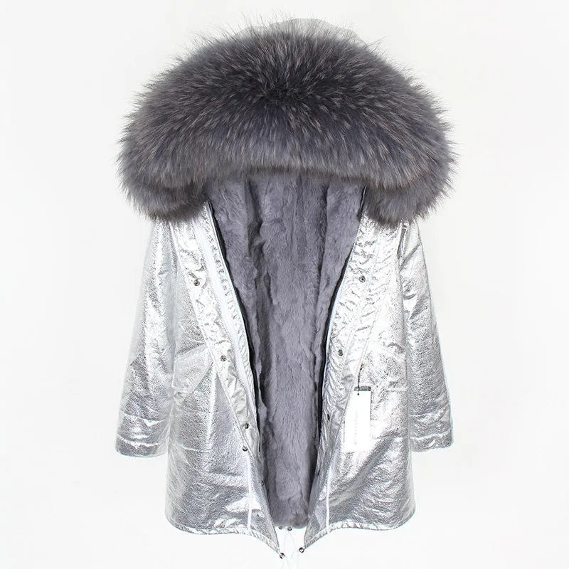 Maomaokong Winter Women Parka Cotton Jacket Real Fur Coat Natural Fox Fur Hooded Rabbit Fur Liner Thick Warm Outerwear Female