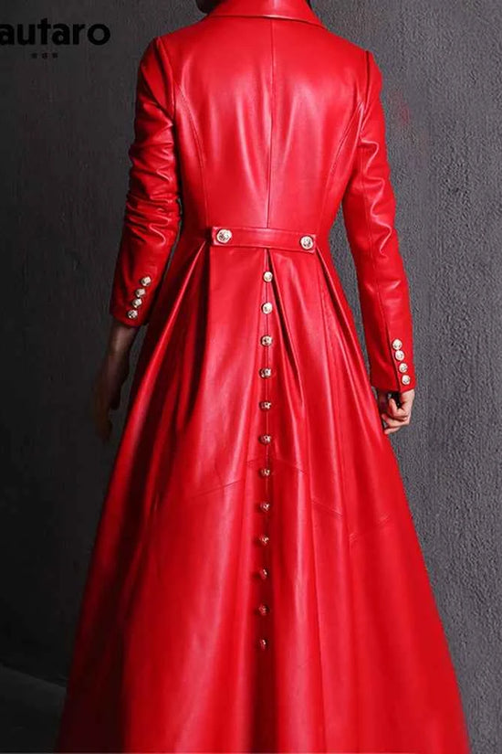 Lautaro Autumn Long Skirted Red Black Faux Leather Trench Coat for Women Double Breasted Elegant Luxury Fashion 4xl 5xl 6xl 7xl