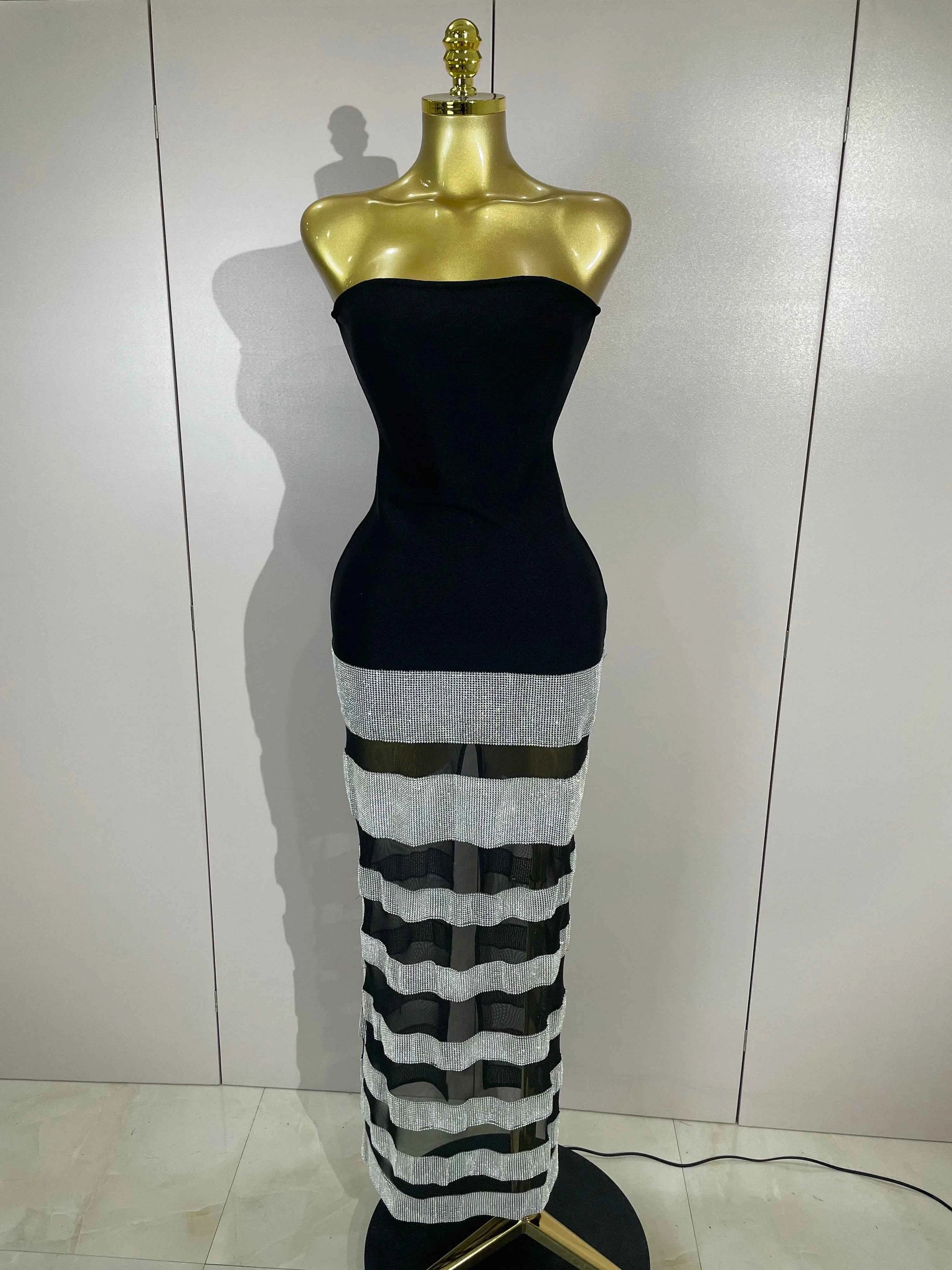 Elegangt Shiny Sexy Mesh Strapless Bodycon Long Bandage Dresses Women Club Birthday Evening Party Slim Celebrity Guest Dresses