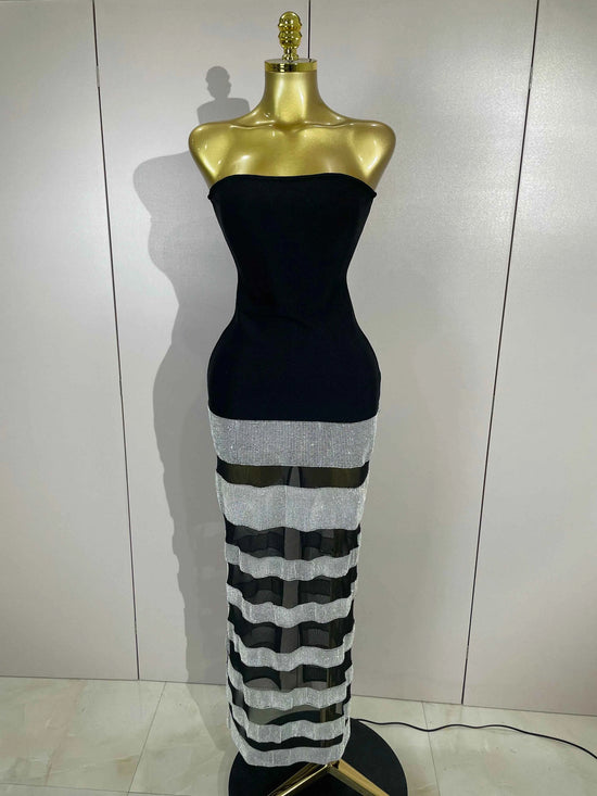 Elegangt Shiny Sexy Mesh Strapless Bodycon Long Bandage Dresses Women Club Birthday Evening Party Slim Celebrity Guest Dresses