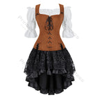 Brown Pirate Dress Plus Size Faxu Leather Steampunk Corset Dress with Shoulder Off Blouse Cosplay Pirate Costume for Women SS69