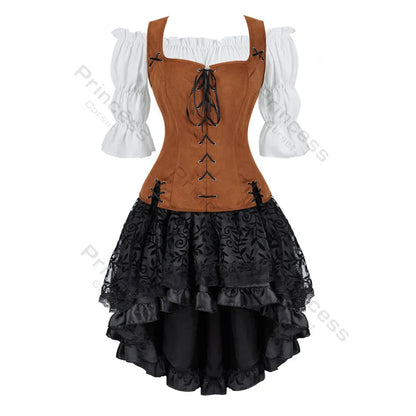 Brown Pirate Dress Plus Size Faxu Leather Steampunk Corset Dress with Shoulder Off Blouse Cosplay Pirate Costume for Women SS69