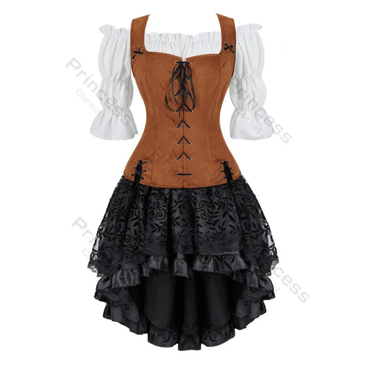 Brown Pirate Dress Plus Size Faxu Leather Steampunk Corset Dress with Shoulder Off Blouse Cosplay Pirate Costume for Women SS69