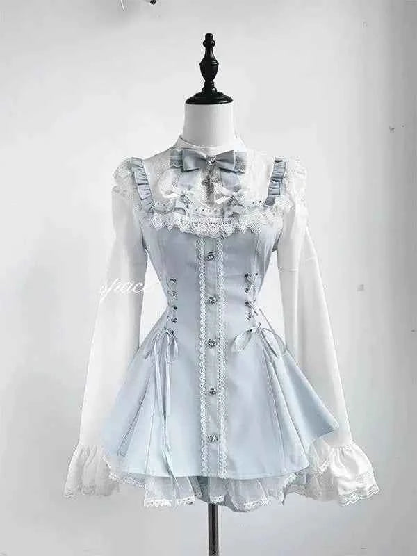 2025 Autumn Gothic Lolita Dress Sweet Heart Black Bow - Elegant Long Sleeve Short Dress with Lace Trim Slim Fit Waist for Women