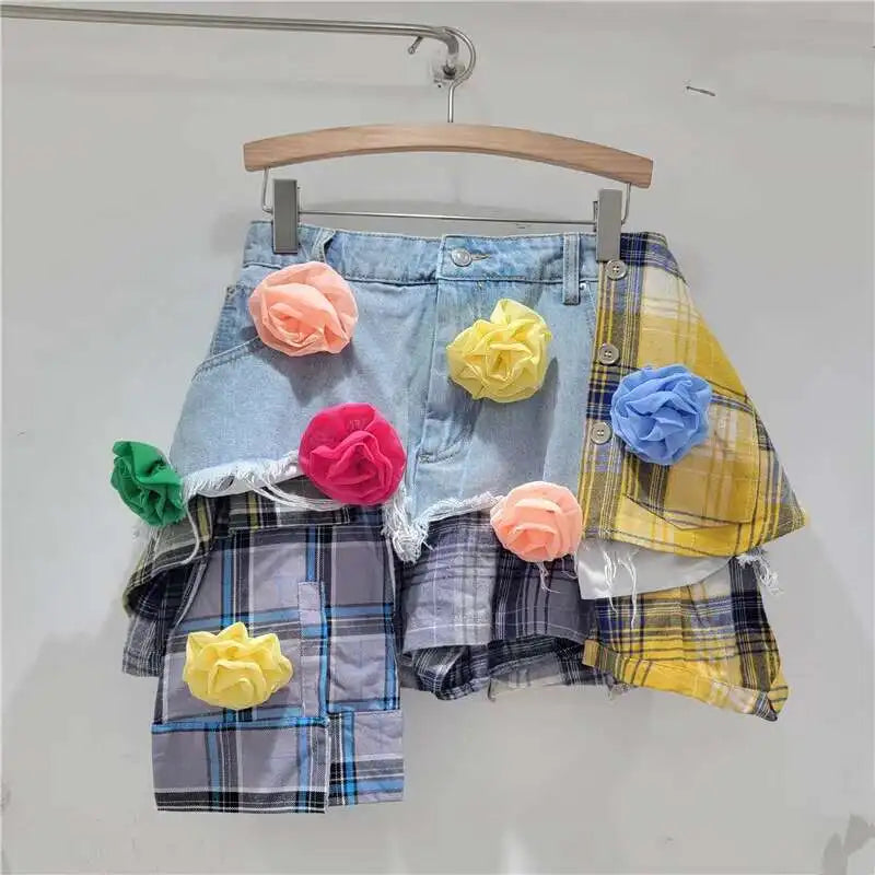 DEAT Women's Denim Skirt Colored Plaid Patchwork Irregular Deconstructed A-line High Waist Mini Skirt 2025 Summer New Fashion SS69 44.69 colored flowers blue / S