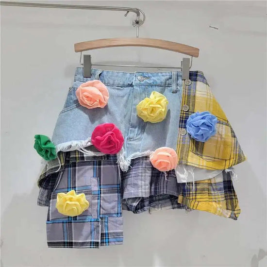 DEAT Women's Denim Skirt Colored Plaid Patchwork Irregular Deconstructed A-line High Waist Mini Skirt 2025 Summer New Fashion SS69 44.69 colored flowers blue / S