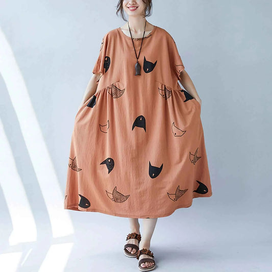 Plus Size Women Loose Dress Cute Cartoon Cat Print O Neck  Short Sleeve Baggy Large Size Oversized Maxi Dress Round Neck
