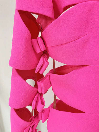 HIGH STREET 2024 New Stylish Designer Party Wear Women's Star Style Sexy Hollow Out Bow Dress Fluorescence Pink SS69