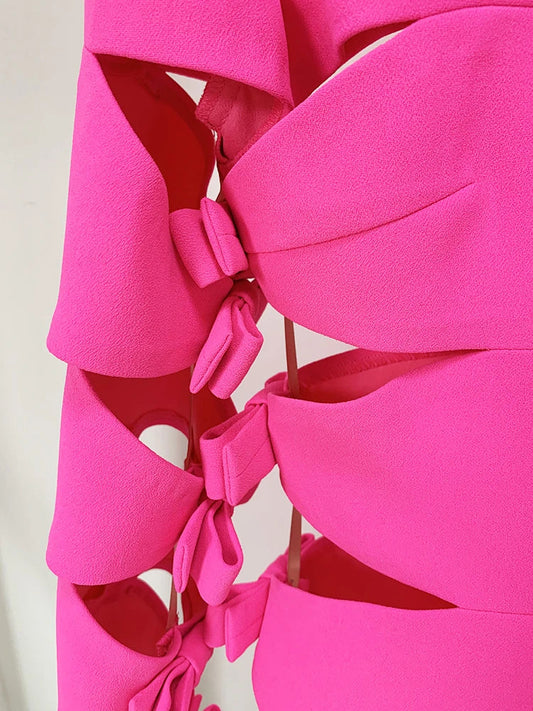 HIGH STREET 2024 New Stylish Designer Party Wear Women's Star Style Sexy Hollow Out Bow Dress Fluorescence Pink SS69