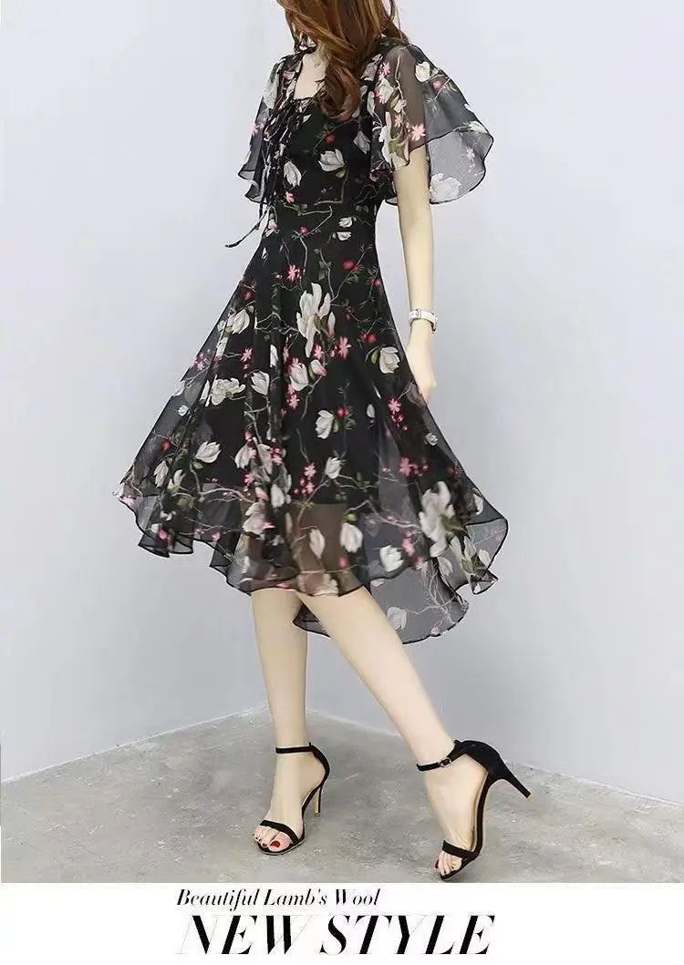 Women floral Chiffon Flower Dress 2026 trends new in Ladies Elegant V Neck short Sleeve korean style Summer Dress Female Clothes