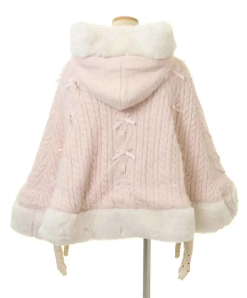 Autumn and Winter Japanese Liz Furry Knitted Cape Coat Sweet Girls Women Mine Series Cute Bow Princess Hooded Kawaii Lolita Coat