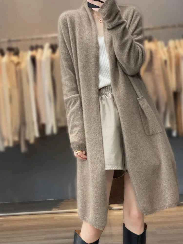 Merino Wool  Autumn winter brown Women 2026 knit Cardigan Long Sleeve Sweater Loose Warm Knitwear Long Coat korean christmas