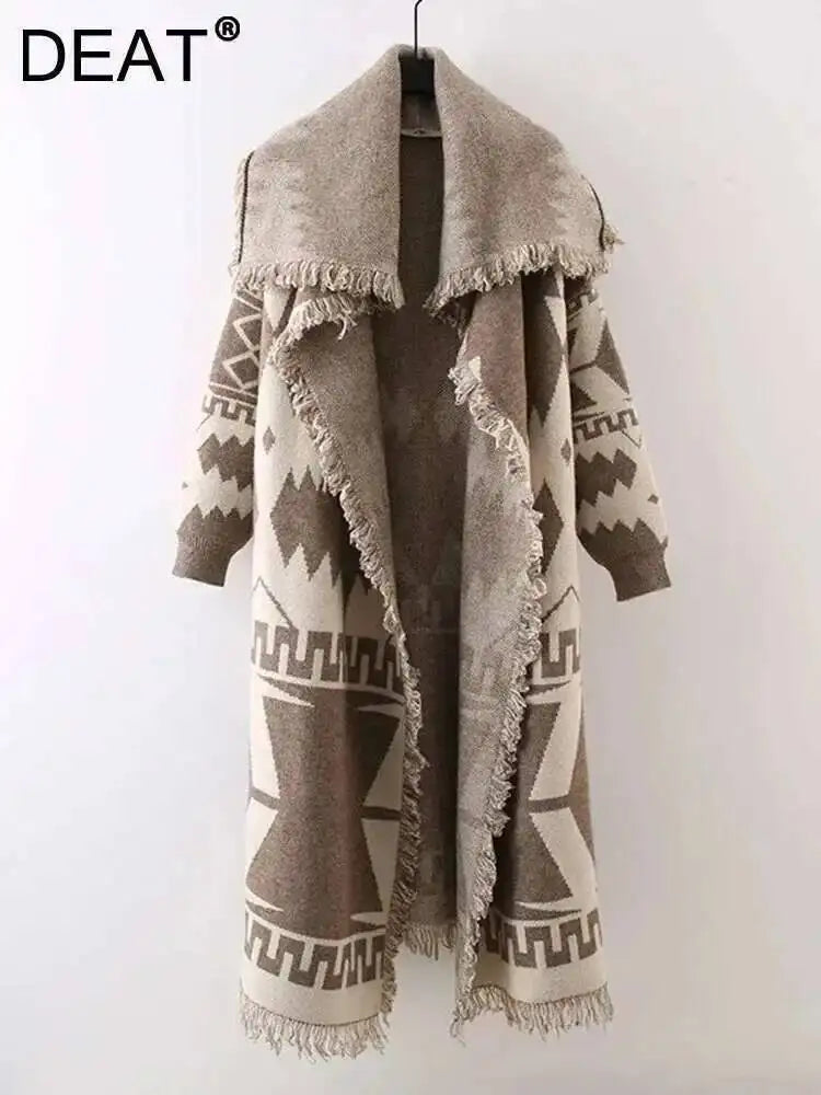 DEAT 2026 Autumn Women's Vintage Cardigan Tassel Edge Contrast Color Long Coat Large Lapel Long Sleeve Female Coat New 15C633