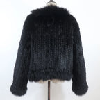 New Women Autumn Winter Knitted Real Rabbit Fur Coat 100% Natural Rabbit Fur Jacket With Fox Fur Collar Overcoat For Female