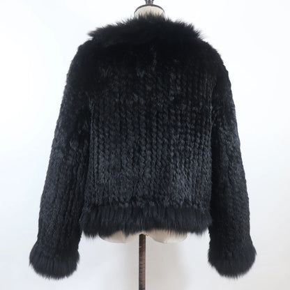 New Women Autumn Winter Knitted Real Rabbit Fur Coat 100% Natural Rabbit Fur Jacket With Fox Fur Collar Overcoat For Female