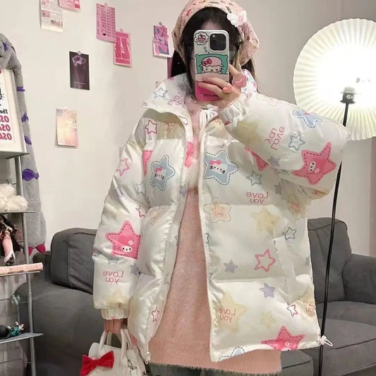 Sanrio Y2K Hello Kitty Winter Women Camouflage Down Jacket Thicken Coat Anime Kawaii Warm Cotton Clothes Tops Girl Student Loose SS69 27.69 F / M