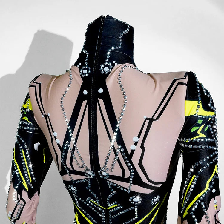 Women's Green Rhinestone Bodysuit High Elasticity Dance Outfit