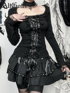AltGoth Aesthetic Goth T-shirt Women Hotsweet Y2k E-girl 2000s Streetwear Lace Patchwork Square Collar Long Sleeve Crop Tee Tops SS69