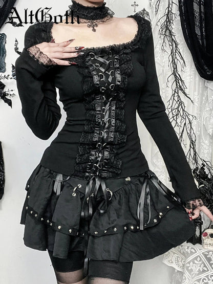 AltGoth Aesthetic Goth T-shirt Women Hotsweet Y2k E-girl 2000s Streetwear Lace Patchwork Square Collar Long Sleeve Crop Tee Tops SS69