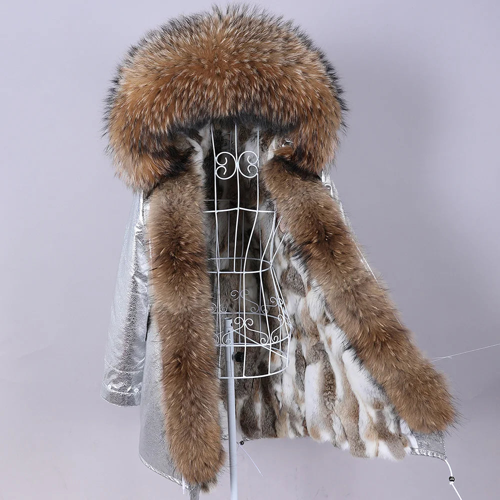 Maomaokong Winter Women Parka Cotton Jacket Real Fur Coat Natural Fox Fur Hooded Rabbit Fur Liner Thick Warm Outerwear Female