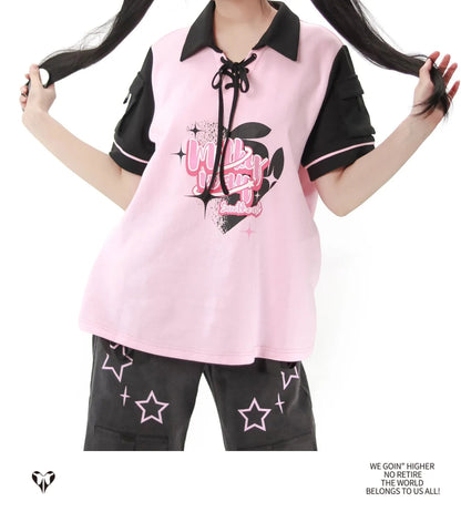 Black Pink Y2K Clothing Set Hot Girls Strapless Strap Short Sleeve T-shirt Slimming Jeans Long Pants Female 4 Piece Set Outfits SS69