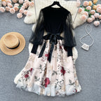 SINGREINY Senior Knitted Patchwork Dress Long Lantern Sleeves Bow Mesh Embroidery Floral Women Autumn France Elegant Party Dress