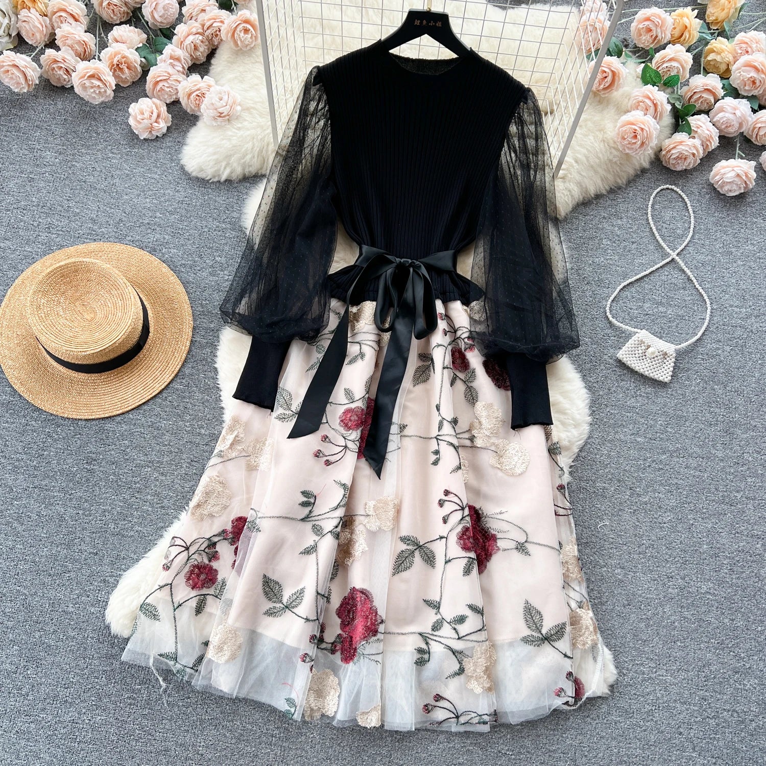 SINGREINY Senior Knitted Patchwork Dress Long Lantern Sleeves Bow Mesh Embroidery Floral Women Autumn France Elegant Party Dress