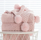 Chunky Chenille Knit Throw Blanket with Pom Poms, 130x170cm