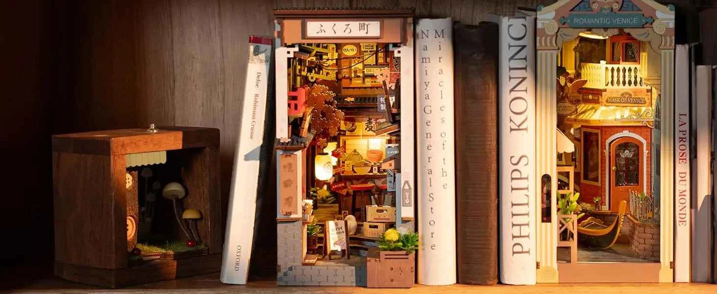 Robotime Sakura Wine Alley DIY Booknook with Lights DIY Miniature Dolls House Kit 3D Wooden Puzzle Bookend Bookshelf Decor Gift