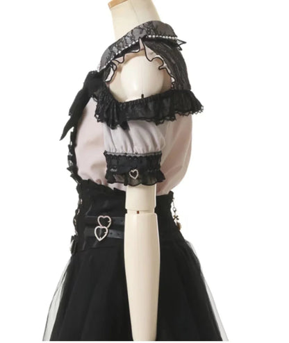 Japanese Liz Mine Women's Shirt Summer Off Shoulder Big Bow Short Sleeve Top Cute Girl BlousesHigh Waist Skirt 2 Piece Skirt Set SS69