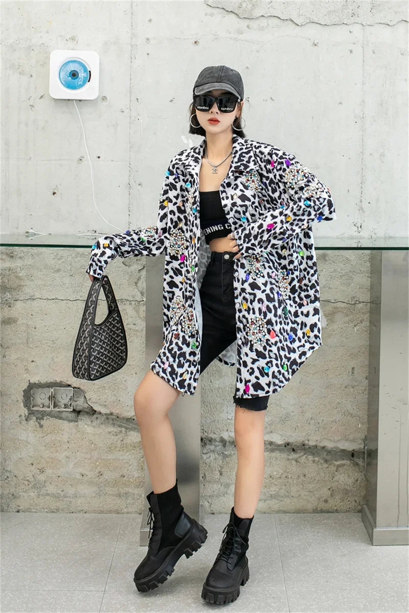 Harajuku Vintage Pearl Beaded Diamonds Leopard Print Women Thin Shirt Jacket Loose Casual Lapel Long Sleeve Female Jacket Coat SS69