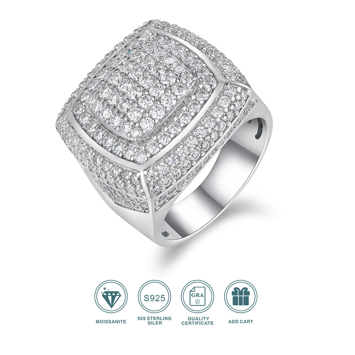 JIUZUAN Full Moissanite Ring Round Pave 925 Silver 18K Gold Plated Hip Hop Style Jewelry Gift Comes with GRA Certificate SS69