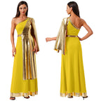 One-Shoulder Greek Goddess Tunic Dress with Metallic Drape