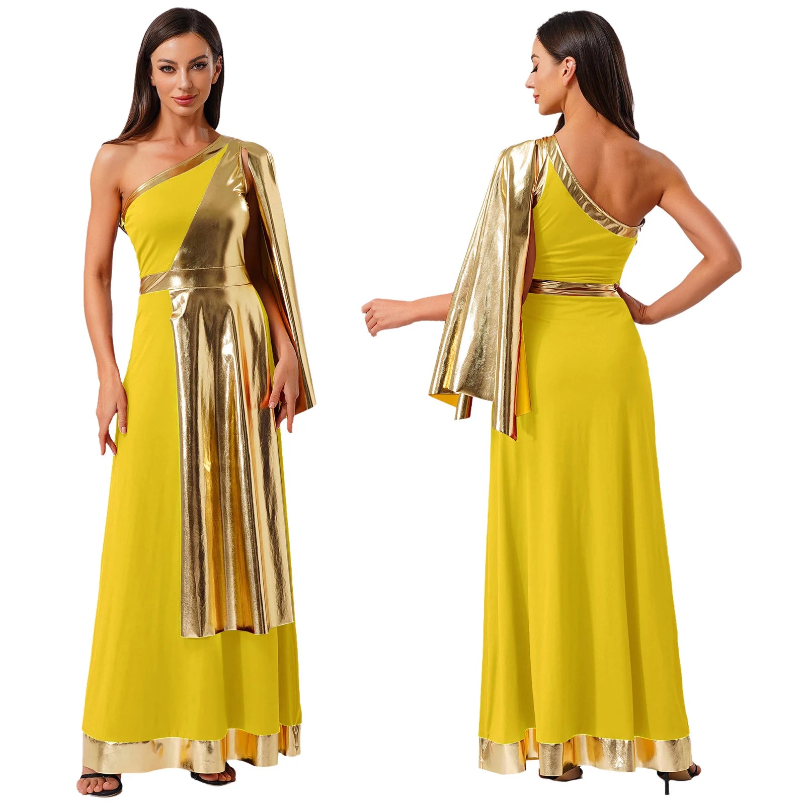 One-Shoulder Greek Goddess Tunic Dress with Metallic Drape