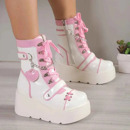 Adorable Heart-shaped Women's Short Boots Platform Sole Ankle Tie Cute Motorcycle Boot Trendy Winter Footwear