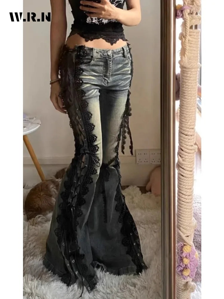 Retro Eyelets Lace Up Flare Jeans Stitch Lace Whiskers Low Rise Split Bootcut Pants Women Bell Bottoms Streetwear Y2k Aesthetic SS69