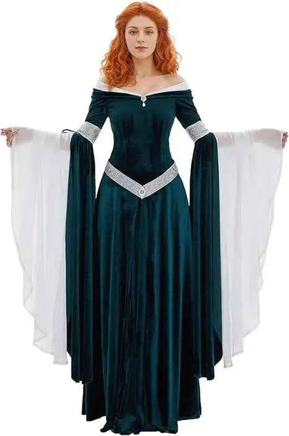 DAIZBELLA Women's Medieval Renaissance Costume Elf Style Off Shoulder Green Velvet Long Slim-fit Dress with Chiffon Sleeves