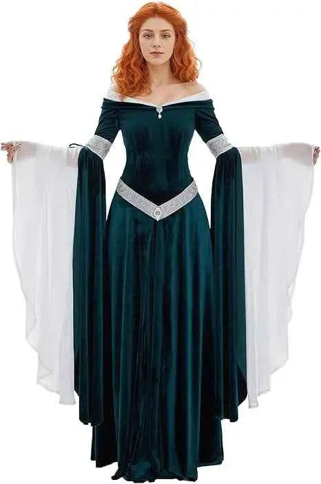 DAIZBELLA Women's Medieval Renaissance Costume Elf Style Off Shoulder Green Velvet Long Slim-fit Dress with Chiffon Sleeves