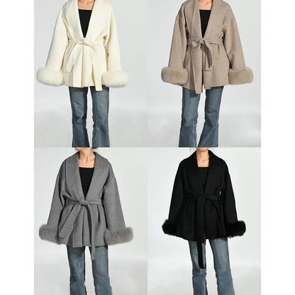 TARUXY Fox Fur Woolen Coats Women's Short Coat Office Lady Removable Elegant Double-sided Wool Overcoat 2025 New Cardigan Jacket