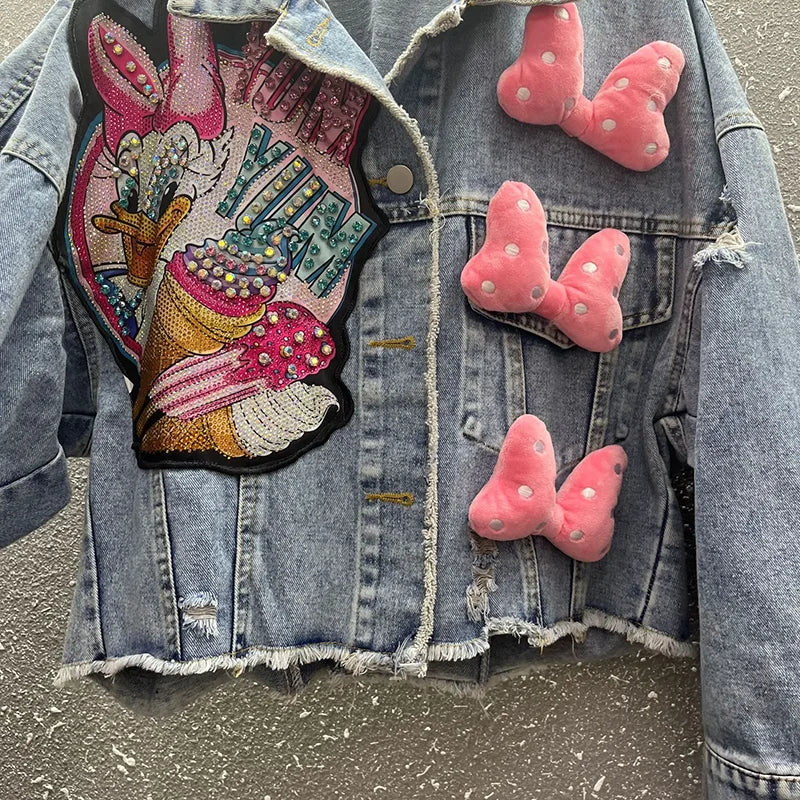 2024 New Women Coat Cartoon Sticker Embroidered Sequin Short Denim Jacket Loose Bowknot Top SS69