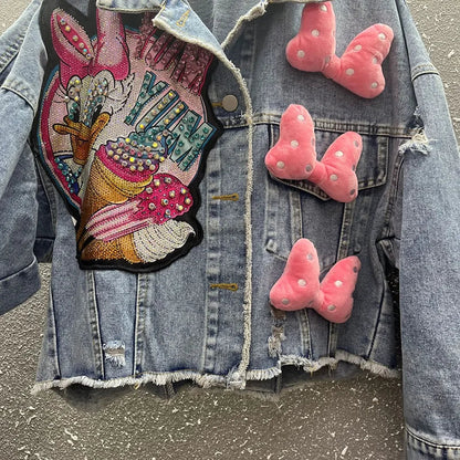2024 New Women Coat Cartoon Sticker Embroidered Sequin Short Denim Jacket Loose Bowknot Top SS69