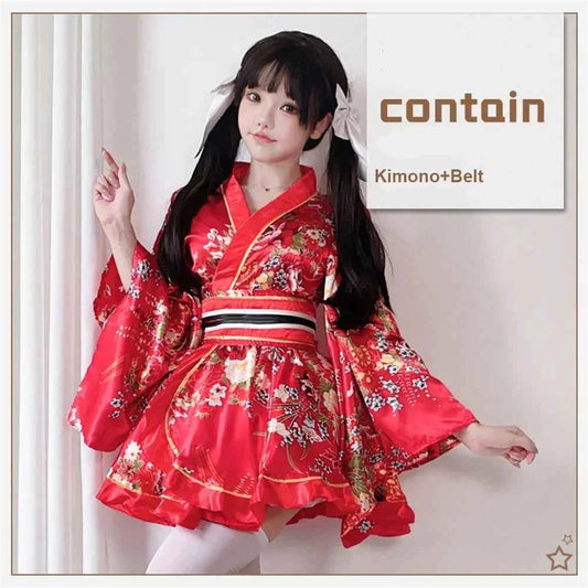 Japanese Kimono Yukata Robes Kawaii Girls Floral Printed Haori Suit Lovely Lolita Dress For Women Maid Cosplay Costume Halloween