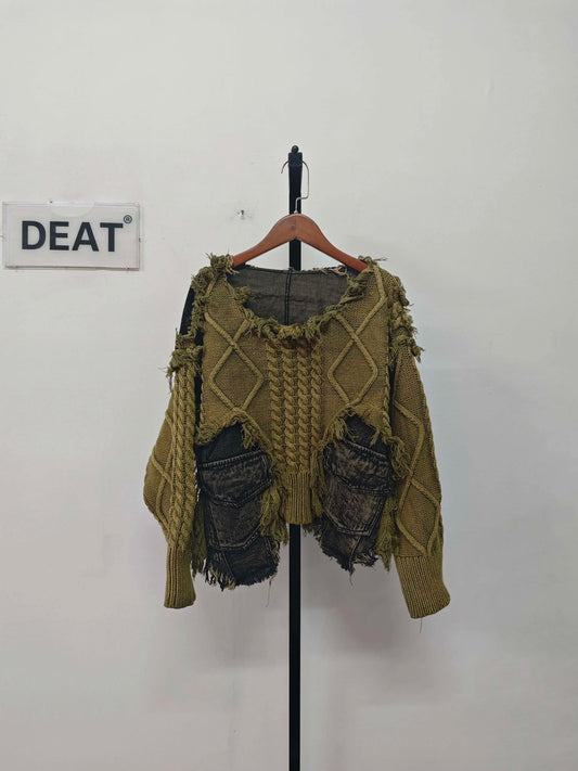 DEAT Women's Patchwork Denim Pullover Sweater, Long Sleeve Loose Knit Top