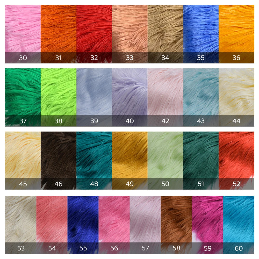 Grid of 28 colorful faux fur fabric swatches with 8cm long pile, numbered 30 to 60.