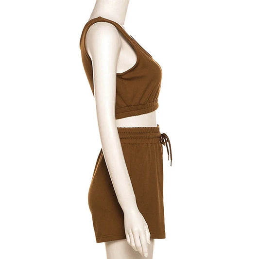 Crop Tops And Drawstring Shorts Set Sexy U-Neck Fitness Tank Top Summer Athleisure Biker Shorts Two Piece Sets Women Streetwear - SS69