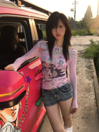 Karrram Japanese Y2k Anime Print Mesh Tops 2000s Aesthetics Pink Sheer Top Vintage Harajuku Kawaii See Through T-shirt Lolita SS69